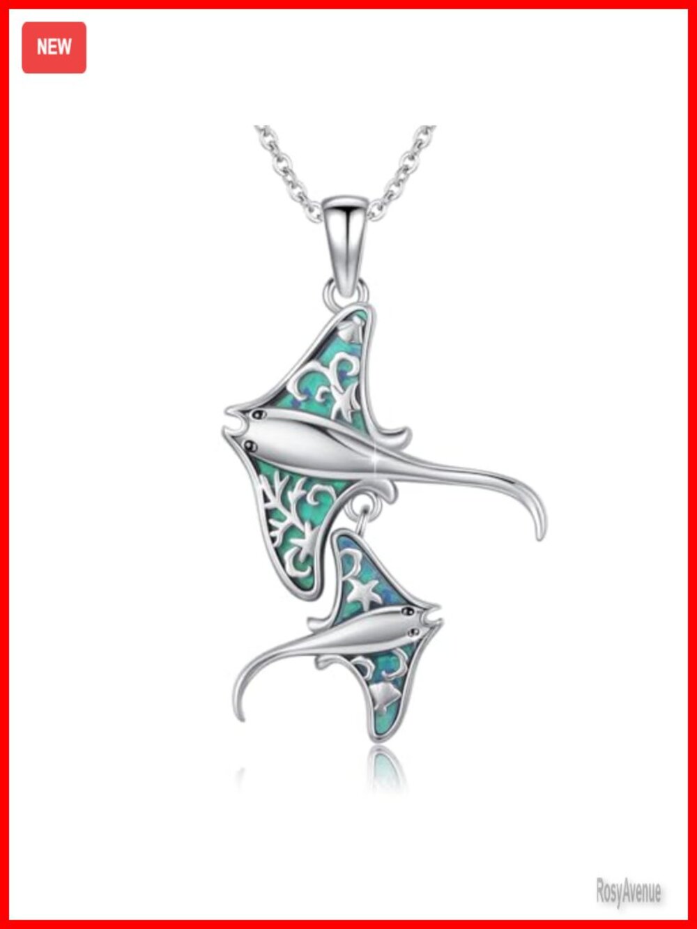 Sterling Silver Double Manta Ray Pendant Necklace with Opal for Women